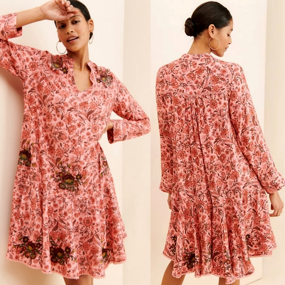 Ollari Anthropologie Embroidered Floral Oversized Flowy Boho Dress XXS - Picture 3 of 14